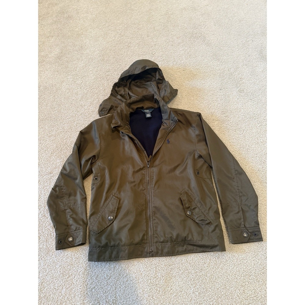 Vintage Y2K Boys Polo Ralph Lauren Olive Windbreaker Hooded Fleece Lined M 12/14